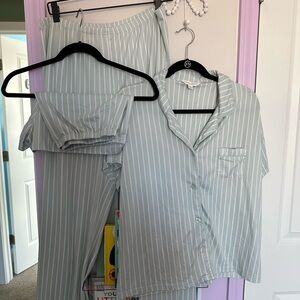 Laura Ashley Light Green Striped Pajama 3 Piece Set